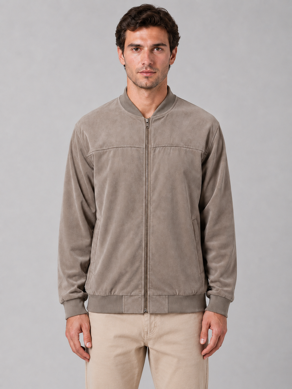 Man wearing beige casual zip bomber jacket with ribbed cuffs and cream chinos, standing against gray background