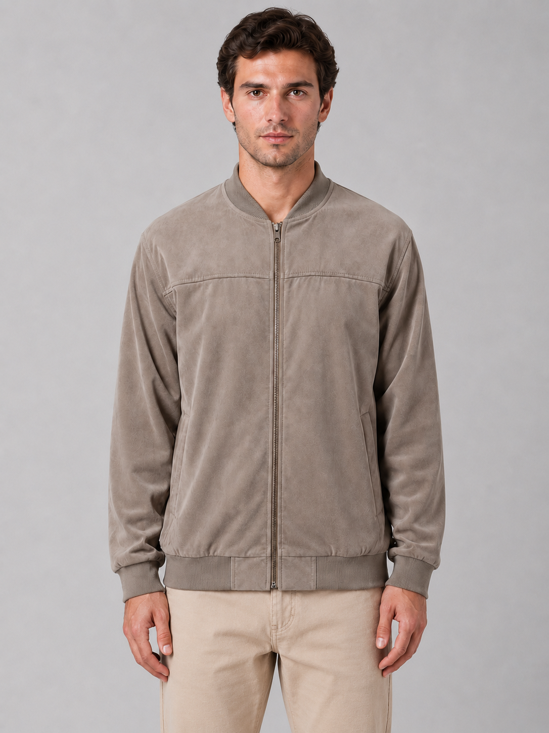 Man wearing beige casual zip bomber jacket with ribbed cuffs and cream chinos, standing against gray background