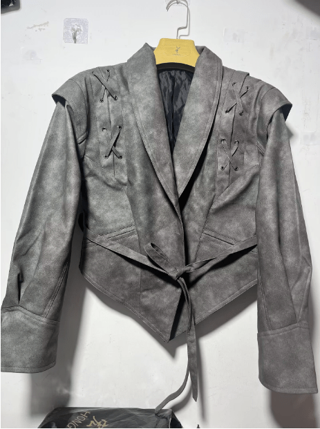 Leather Winter Jacket for Women with Tie Belt