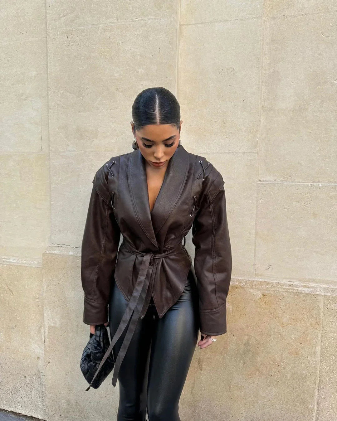 Leather Winter Jacket for Women with Tie Belt