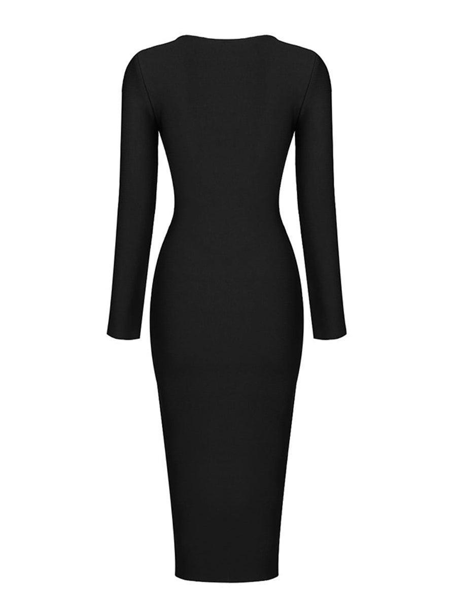 Lyra | Black Plunge Reversible Bandage Midi Dress-Dresses-Urban Devyne-Urban Devyne