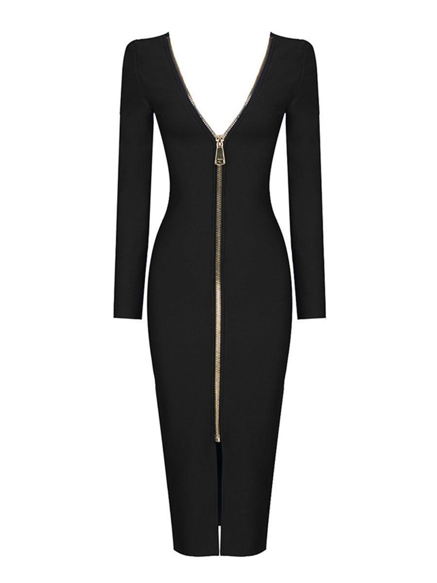 Lyra | Black Plunge Reversible Bandage Midi Dress