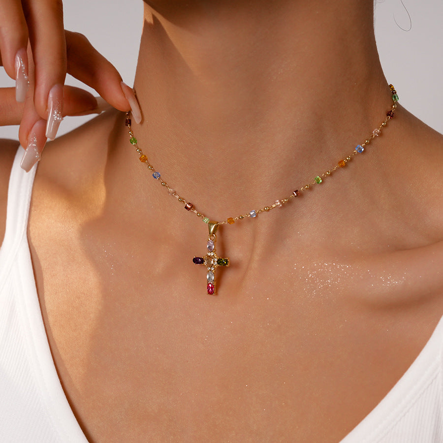 Chloe Dainty Gem Set Colorful Cross Necklace