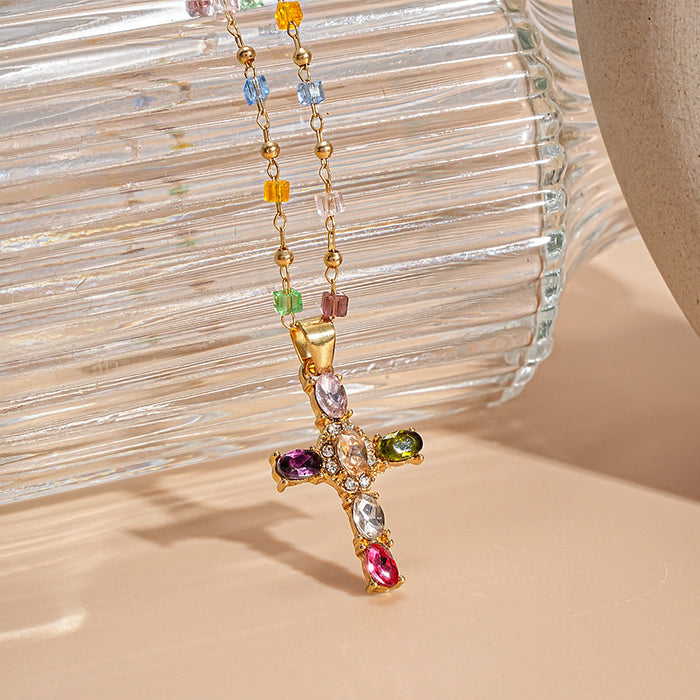 Chloe Dainty Gem Set Colorful Cross Necklace