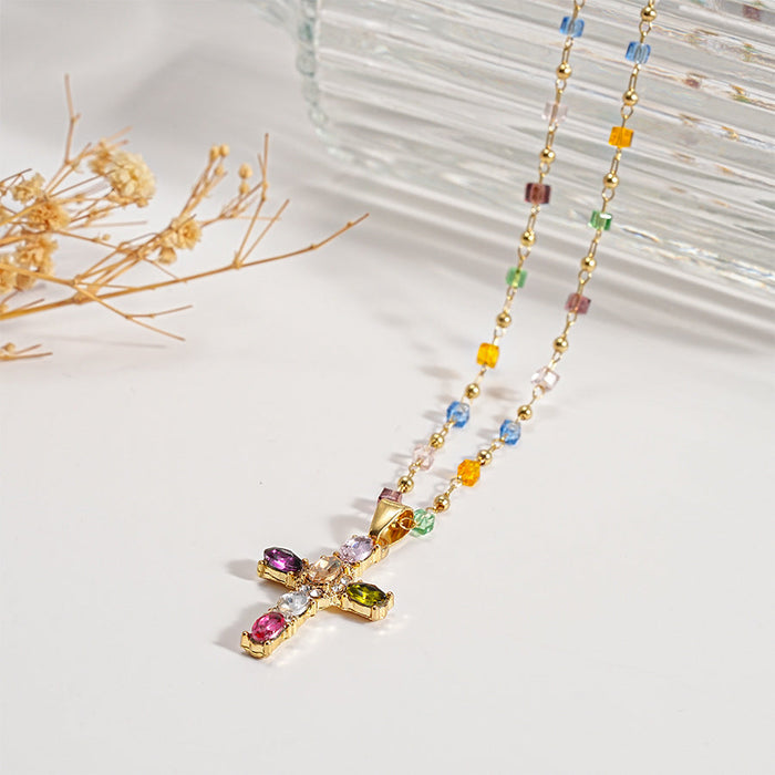 Chloe Dainty Gem Set Colorful Cross Necklace