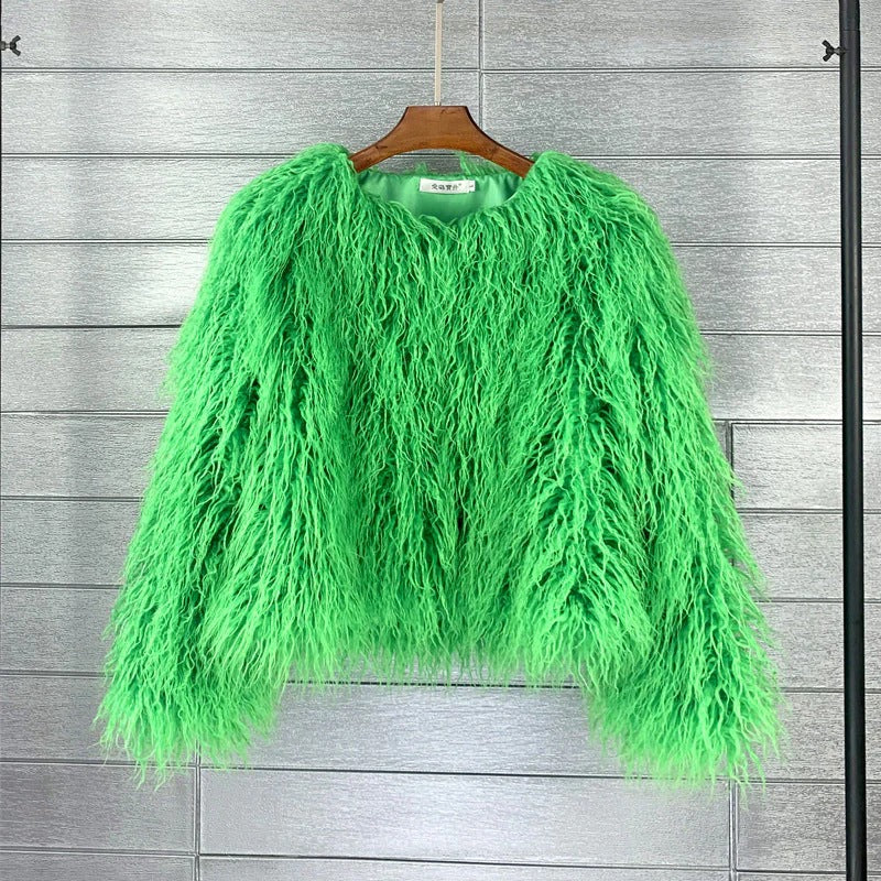 Cropped Oversized Faux Fur Jacket – Shaggy Texture for Fall and Winter Fashion-Coats & Jackets-Urban Devyne-Green-S-Urban Devyne