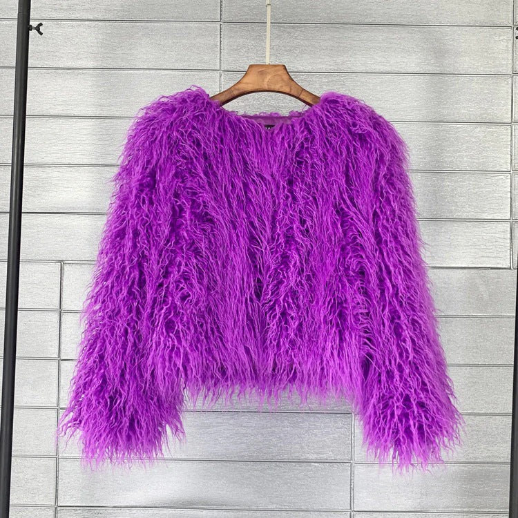 Cropped Oversized Faux Fur Jacket – Shaggy Texture for Fall and Winter Fashion-Coats & Jackets-Urban Devyne-Purple-S-Urban Devyne