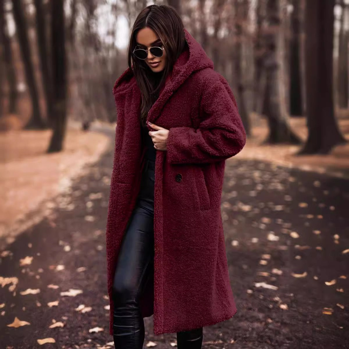 Hooded Oversized Wool Coat – Full Length Button Closure Winter Trench-Coats & Jackets-Urban Devyne-Claret-S-Urban Devyne