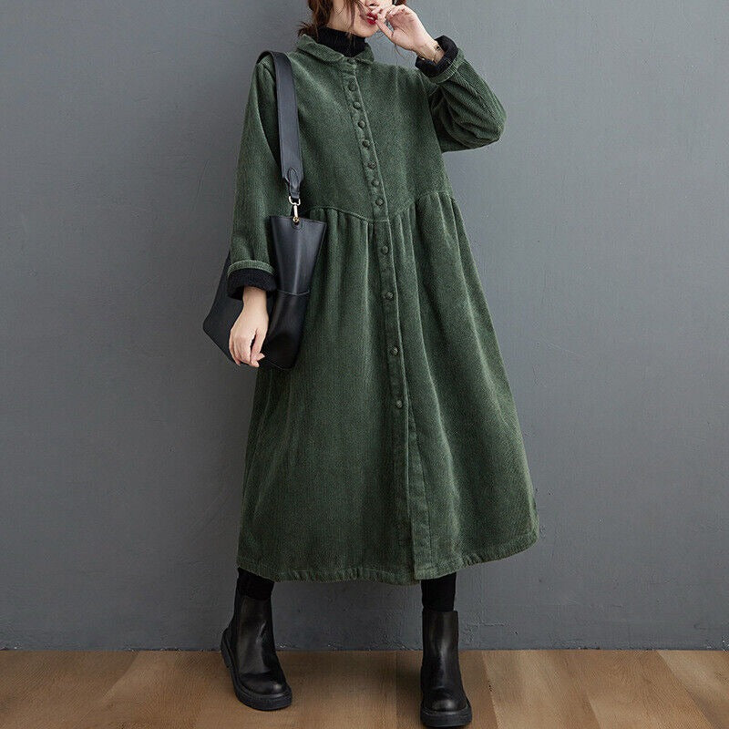 Corduroy Winter Coat for Women Oversized Calf Length with Button Down Design Ribbed Texture-Coats & Jackets-Urban Devyne-Green-S-Urban Devyne