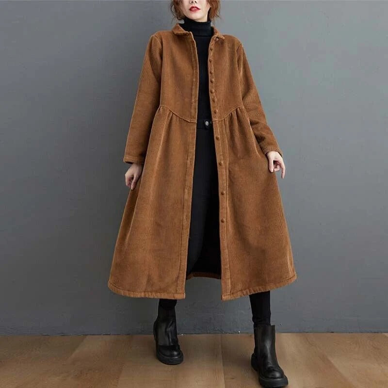 Corduroy Winter Coat for Women Oversized Calf Length with Button Down Design Ribbed Texture-Coats & Jackets-Urban Devyne-Caramel-S-Urban Devyne