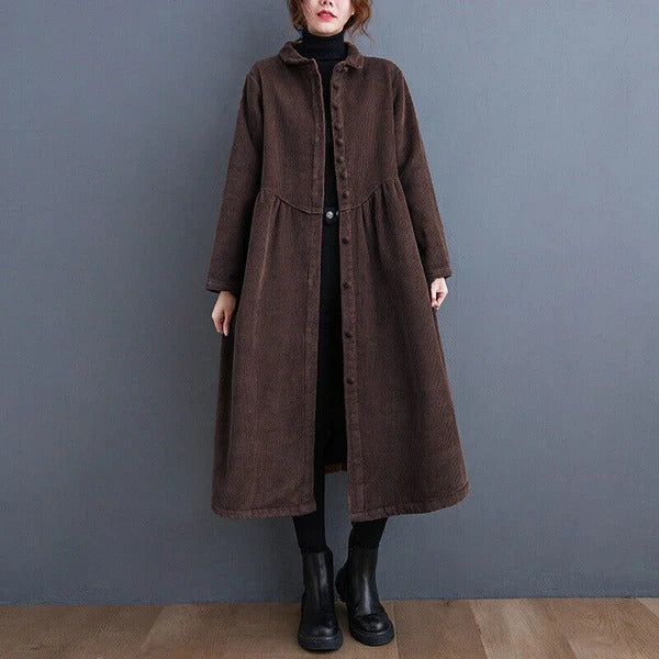Corduroy Winter Coat for Women Oversized Calf Length with Button Down Design Ribbed Texture-Coats & Jackets-Urban Devyne-Coffee-S-Urban Devyne