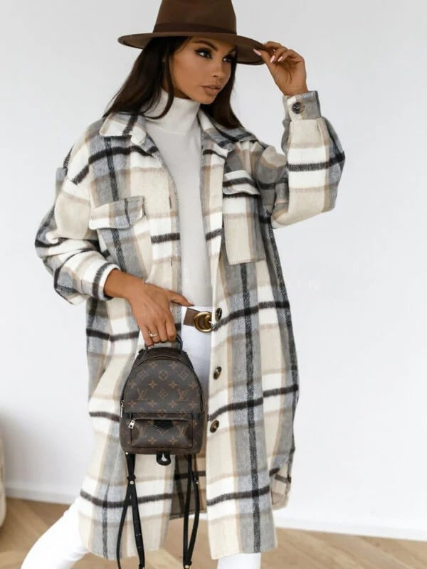 Knee-Length Checked Winter Coat in Oversized Wool Blend-Coats & Jackets-Urban Devyne-Khaki-S-Urban Devyne
