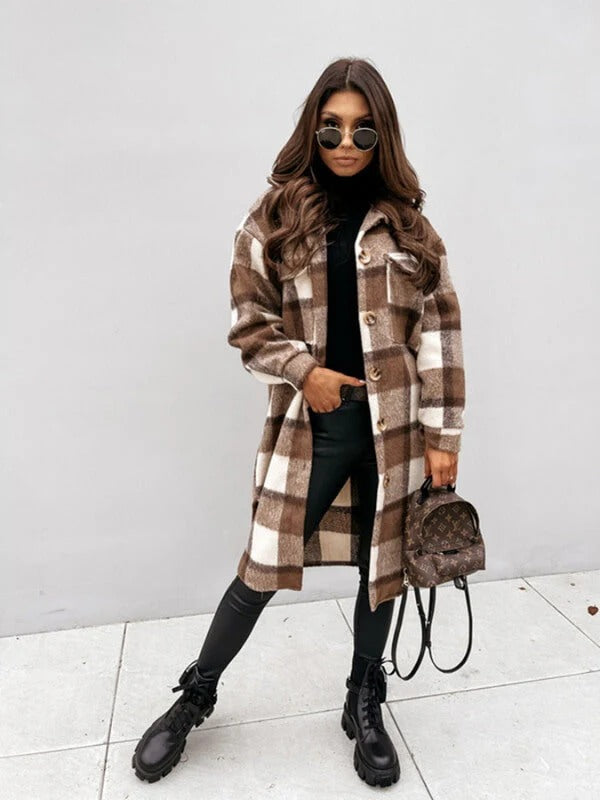 Knee-Length Checked Winter Coat in Oversized Wool Blend-Coats & Jackets-Urban Devyne-Dark Brown-S-Urban Devyne