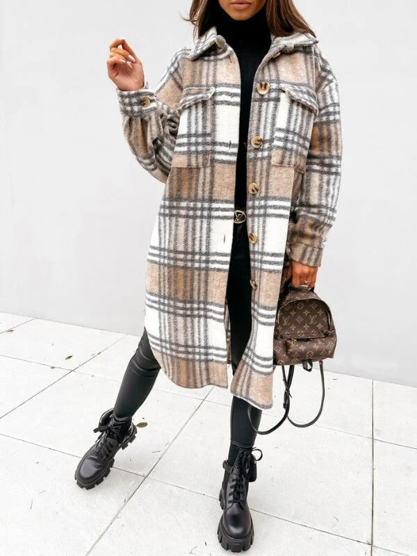 Knee-Length Checked Winter Coat in Oversized Wool Blend-Coats & Jackets-Urban Devyne-Light Brown-S-Urban Devyne