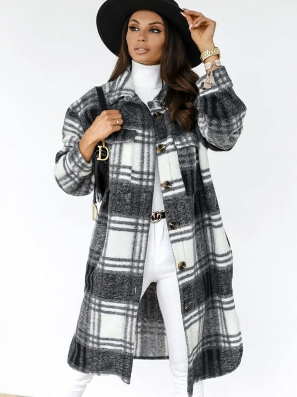 Knee-Length Checked Winter Coat in Oversized Wool Blend-Coats & Jackets-Urban Devyne-Dark Grey-S-Urban Devyne