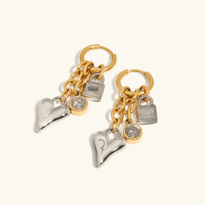 Heart and Lock Gold Earrings