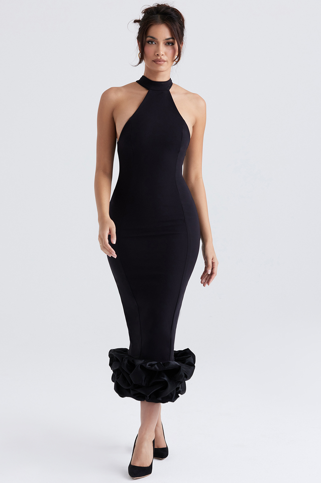 Calista | Black Peplum Midi Dress-Midi Dresses-Urban Devyne-Urban Devyne