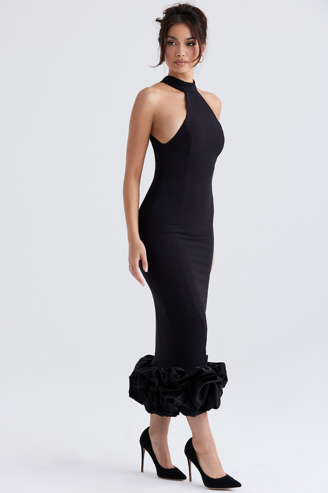 Calista | Black Peplum Midi Dress-Midi Dresses-Urban Devyne-XS-Urban Devyne