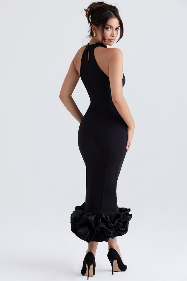 Calista | Black Peplum Midi Dress-Midi Dresses-Urban Devyne-Urban Devyne