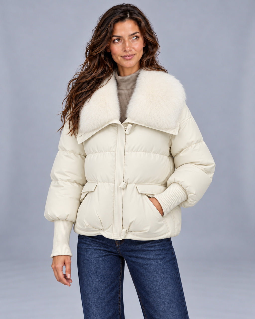 Women's quilted puffer jacket with faux fur collar and ribbed cuffs – Andrea Beige Left Pocket