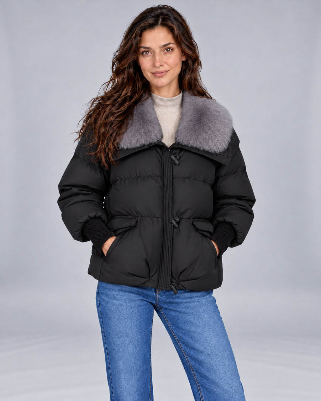 Women's quilted puffer jacket with faux fur collar and ribbed cuffs – Andrea Black Both Pockets