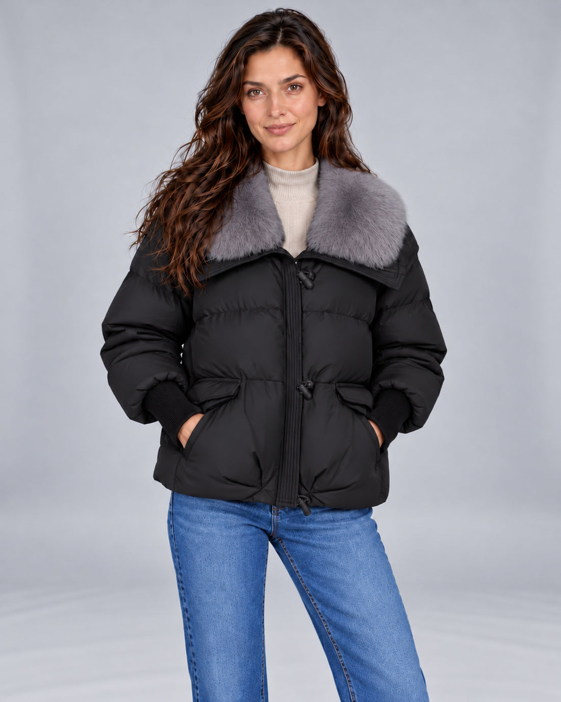Women's quilted puffer jacket with faux fur collar and ribbed cuffs – Andrea Black Both Pockets