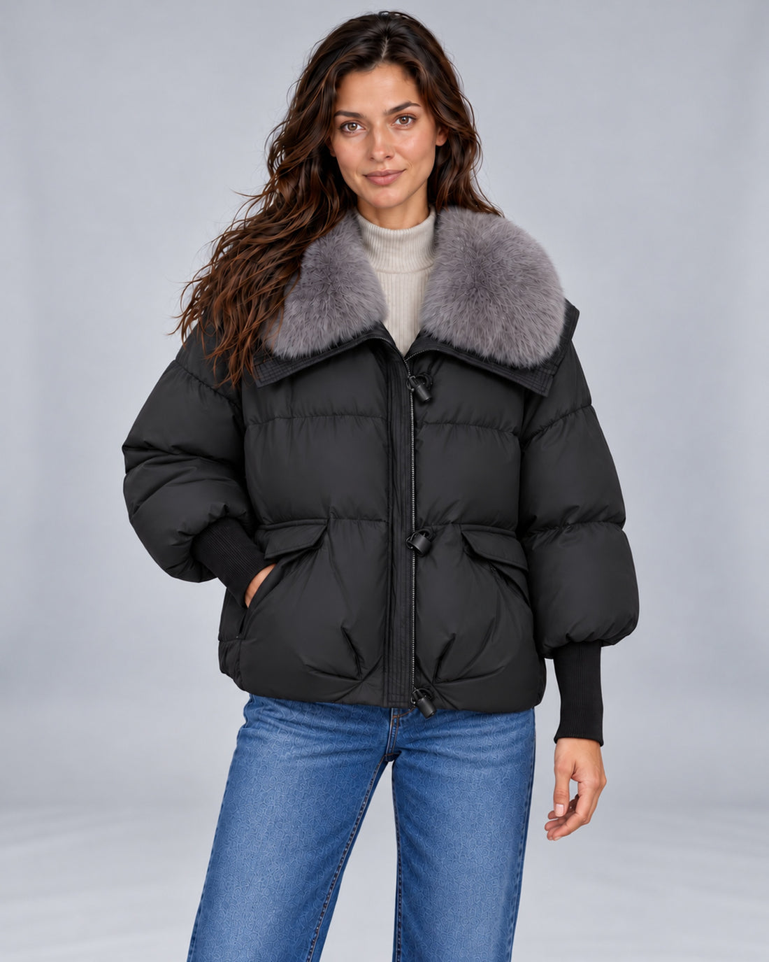 Women's quilted puffer jacket with faux fur collar and ribbed cuffs – Andrea Black Front