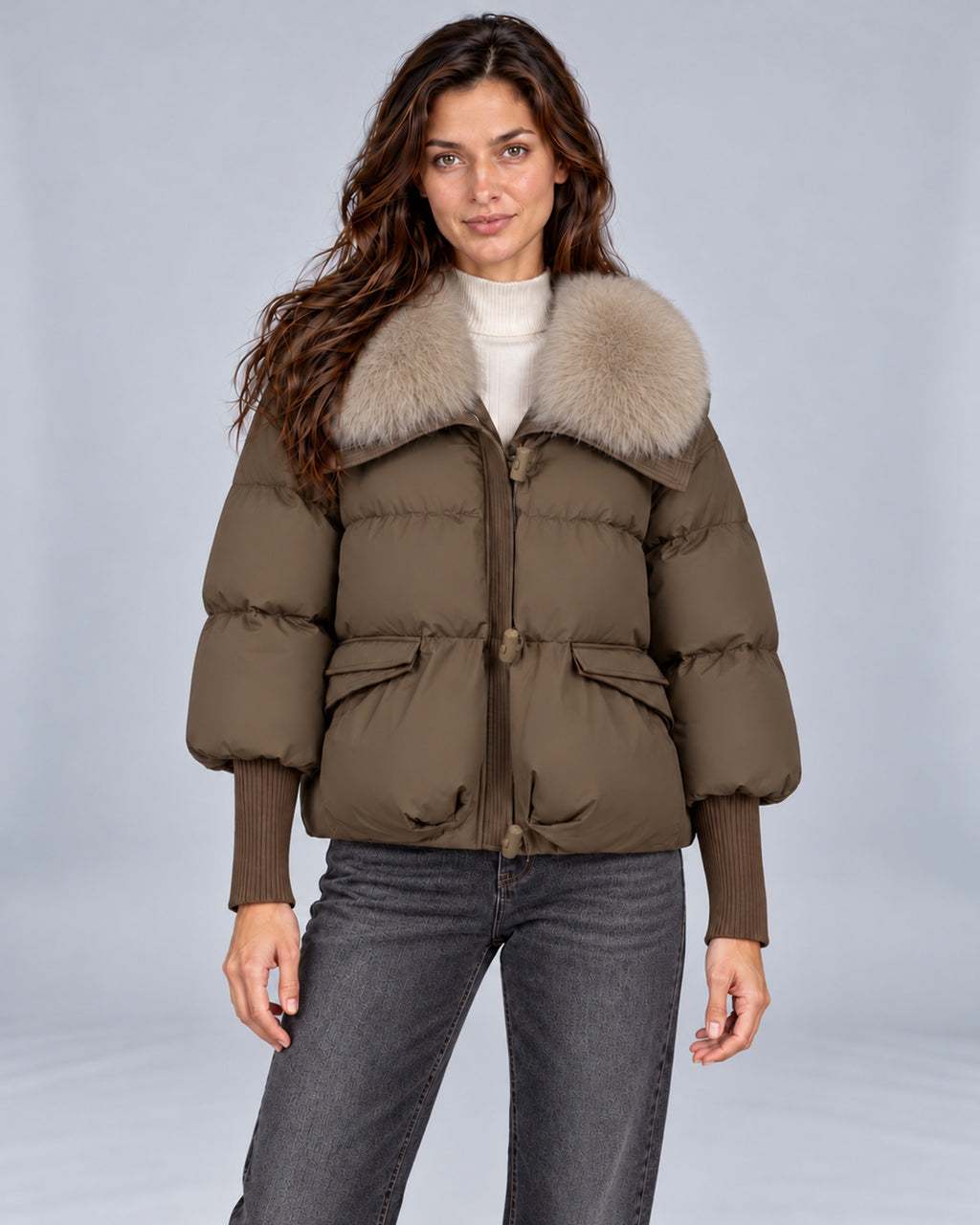 Women's quilted puffer jacket with faux fur collar and ribbed cuffs – Andrea Brown Front