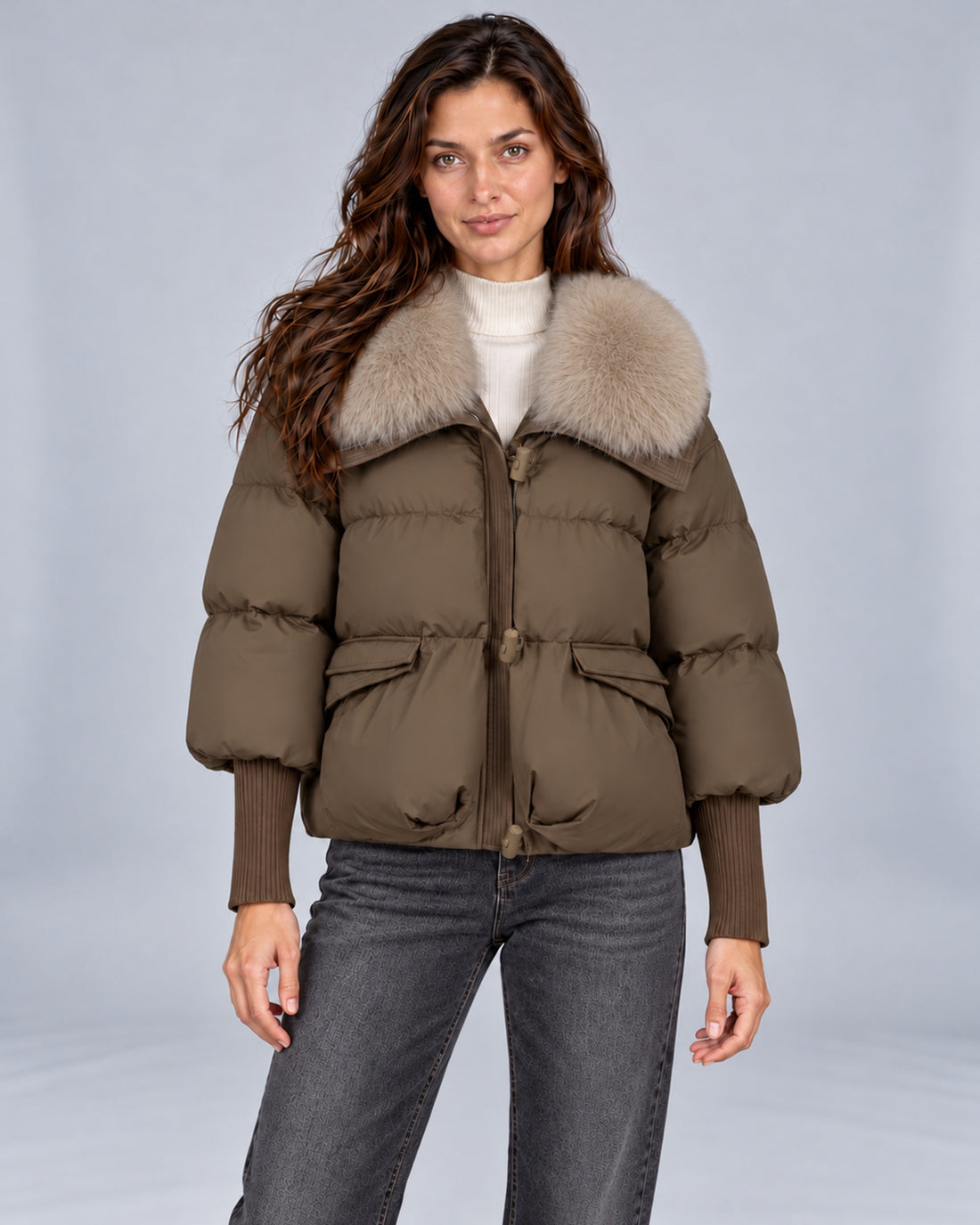 Women's quilted puffer jacket with faux fur collar and ribbed cuffs – Andrea Brown Front