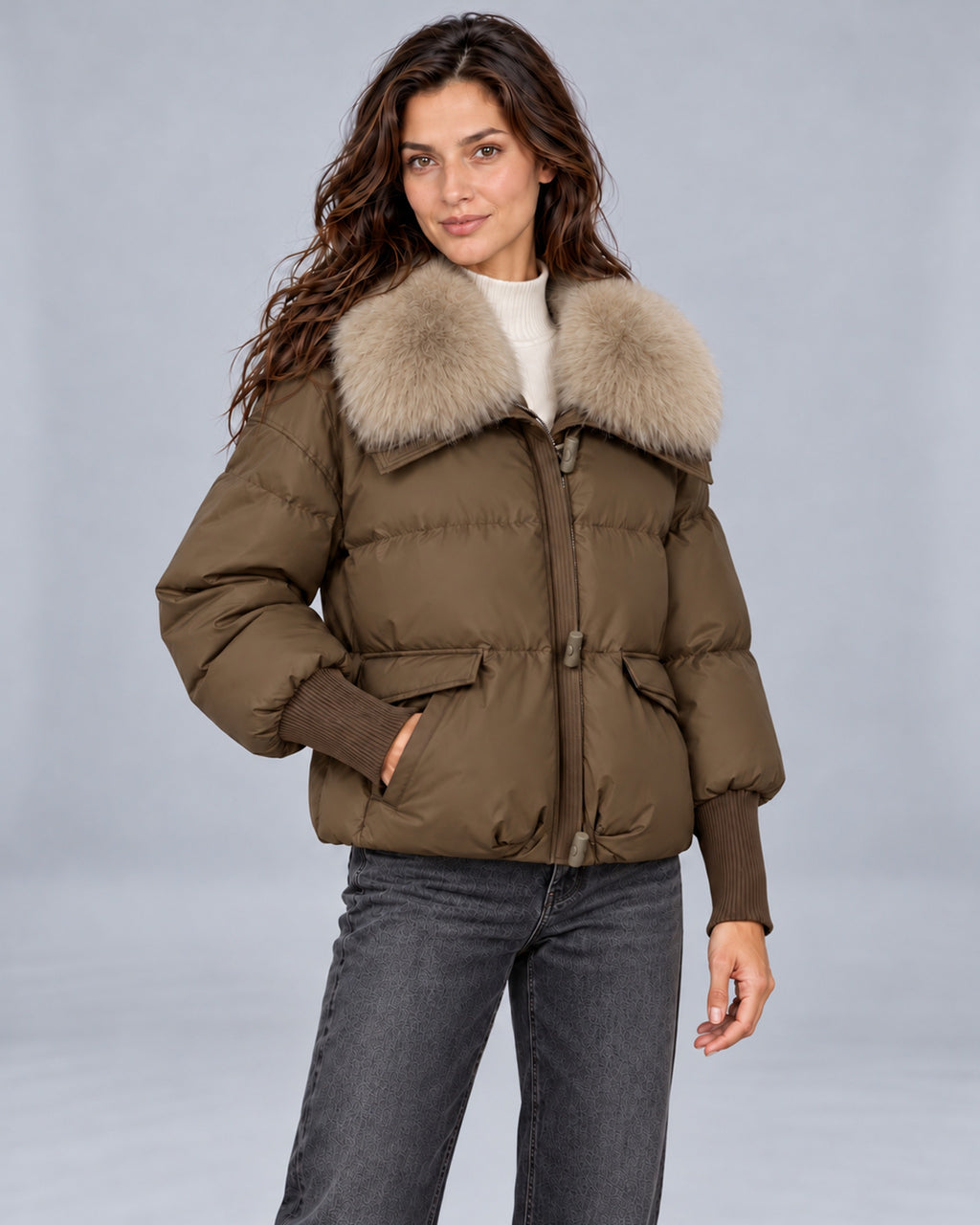Women's quilted puffer jacket with faux fur collar and ribbed cuffs – Andrea Brown Right Pocket
