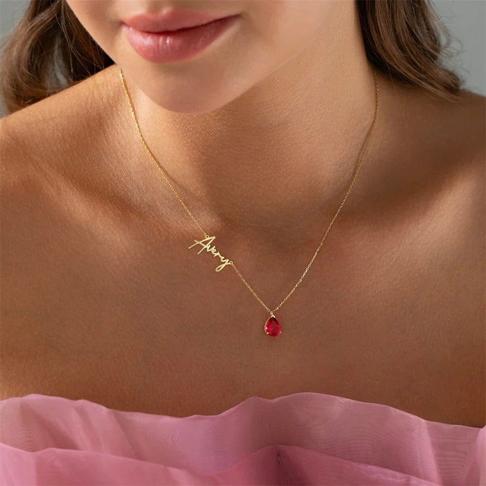 Imogen Teardrop Birthstone & Name Necklace