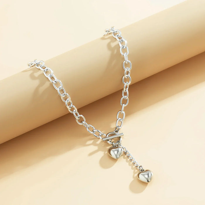 Sian Chunky Chain Link Dual Heart Necklace & Bracelet