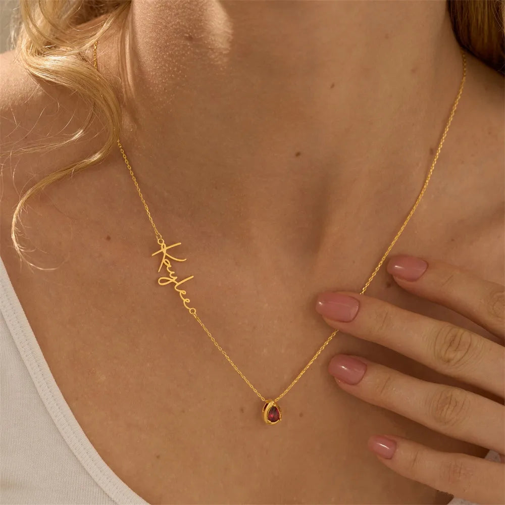 Imogen Teardrop Birthstone & Name Necklace