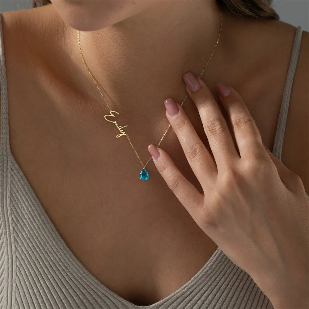 Imogen Teardrop Birthstone & Name Necklace