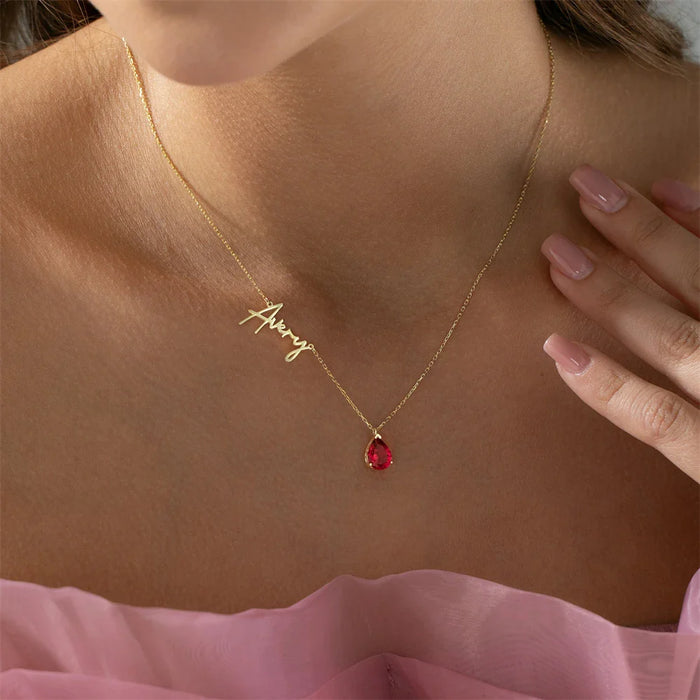 Imogen Teardrop Birthstone & Name Necklace