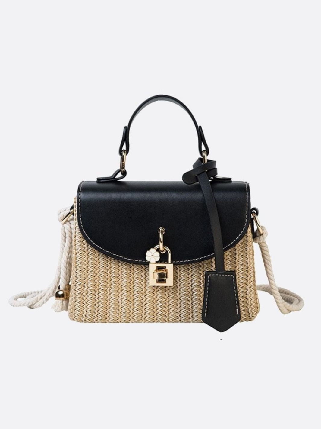 Kaitlyn | Woven Handbag with Faux Leather Flap-Handbag-Urban Devyne-Black-Urban Devyne