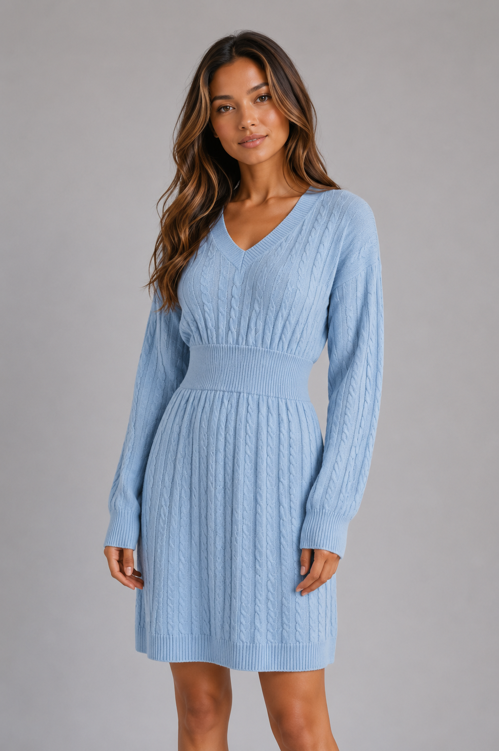 Hazel | V-Neck Women's Cable Knit Midi Dress with Shirred Waist Fit