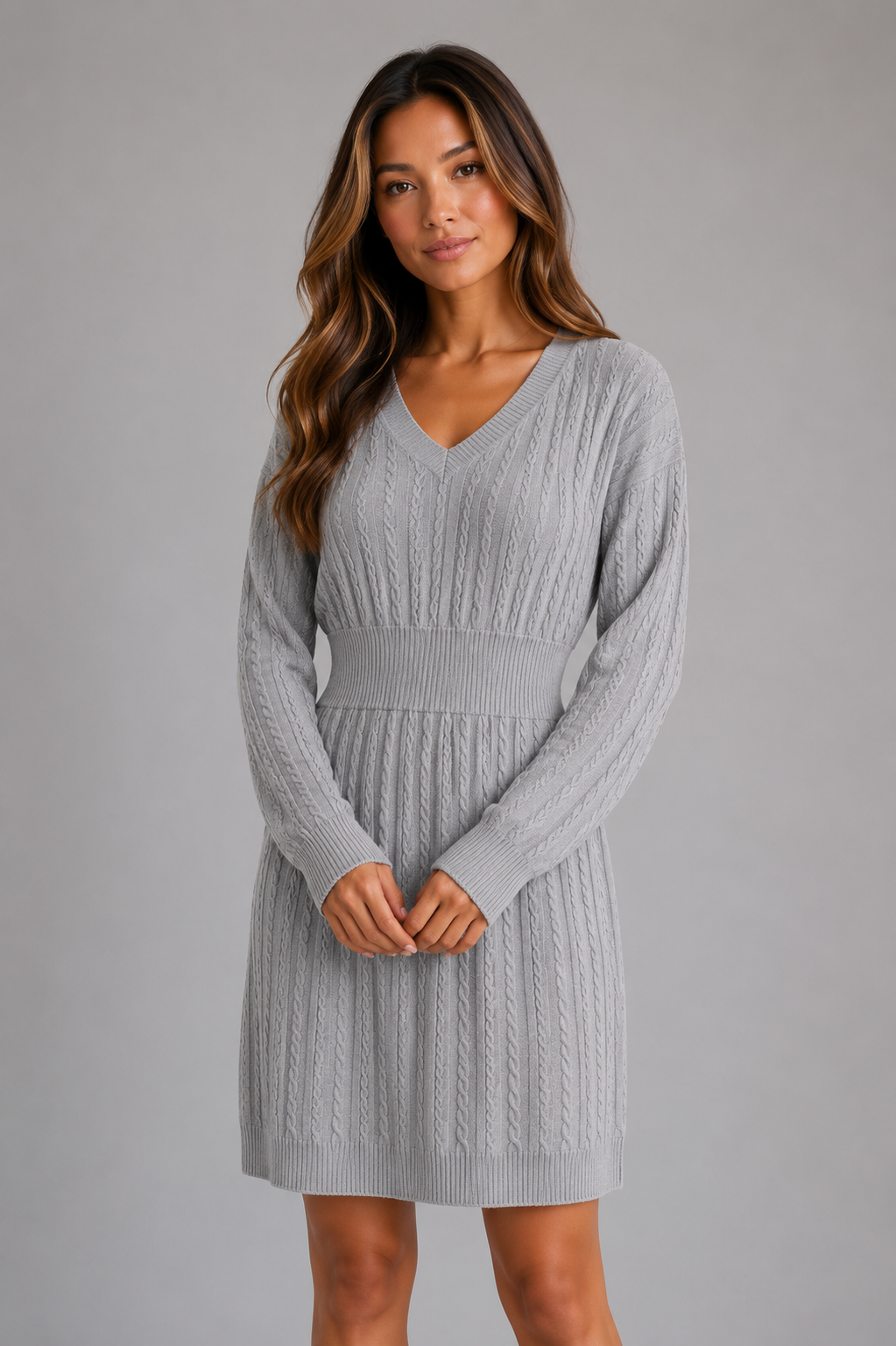 Hazel | V-Neck Women's Cable Knit Midi Dress with Shirred Waist Fit