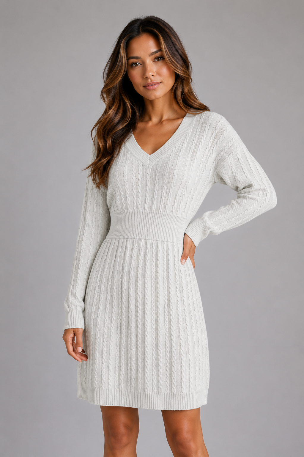 Hazel | V-Neck Women's Cable Knit Midi Dress with Shirred Waist Fit