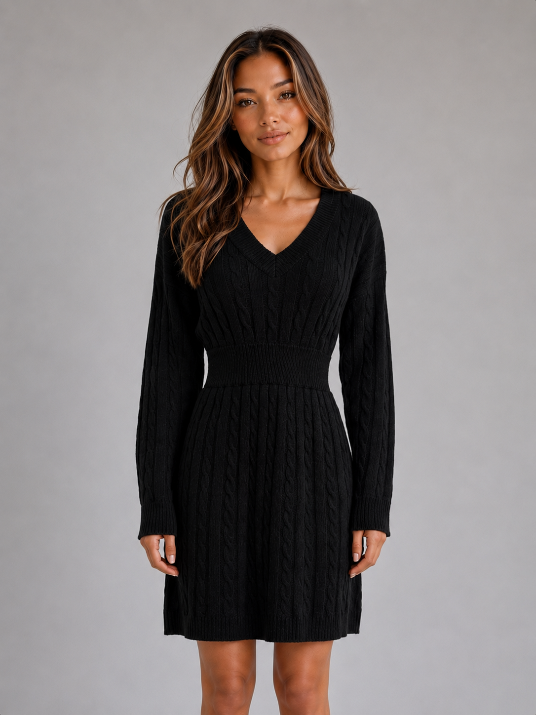 Hazel | V-Neck Women's Cable Knit Midi Dress with Shirred Waist Fit
