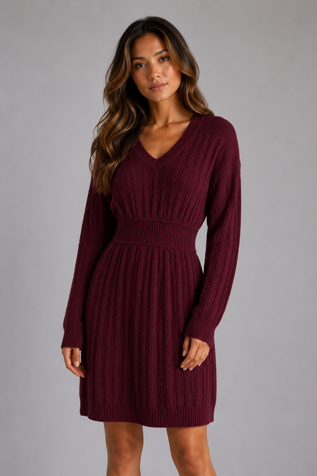Hazel | V-Neck Women's Cable Knit Midi Dress with Shirred Waist Fit
