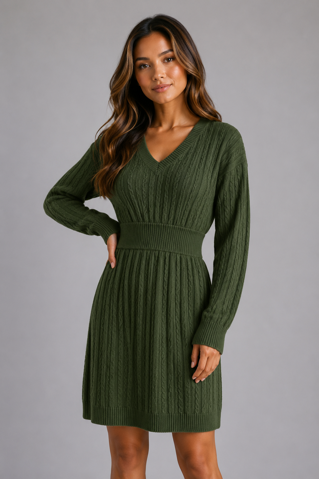 Hazel | V-Neck Women's Cable Knit Midi Dress with Shirred Waist Fit