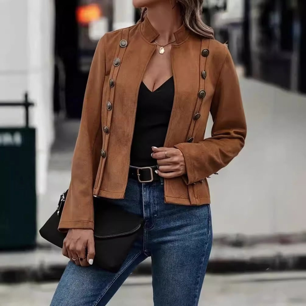 Double-Breasted Velvet Jacket with Mandarin Collar for Women – Soft Deerskin Texture Retro Style-Coats & Jackets-Urban Devyne-Khaki-S-Urban Devyne