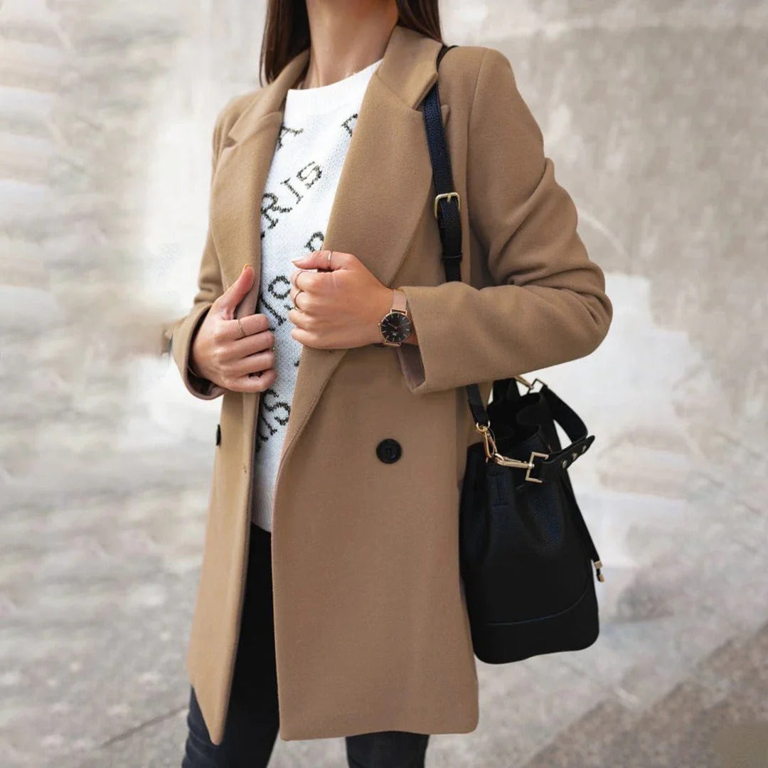 Double-Breasted Wool Coat for Women – Mid-Length Winter Coat for Semi-Formal Style in Autumn-Coats & Jackets-Urban Devyne-Khaki-S-Urban Devyne
