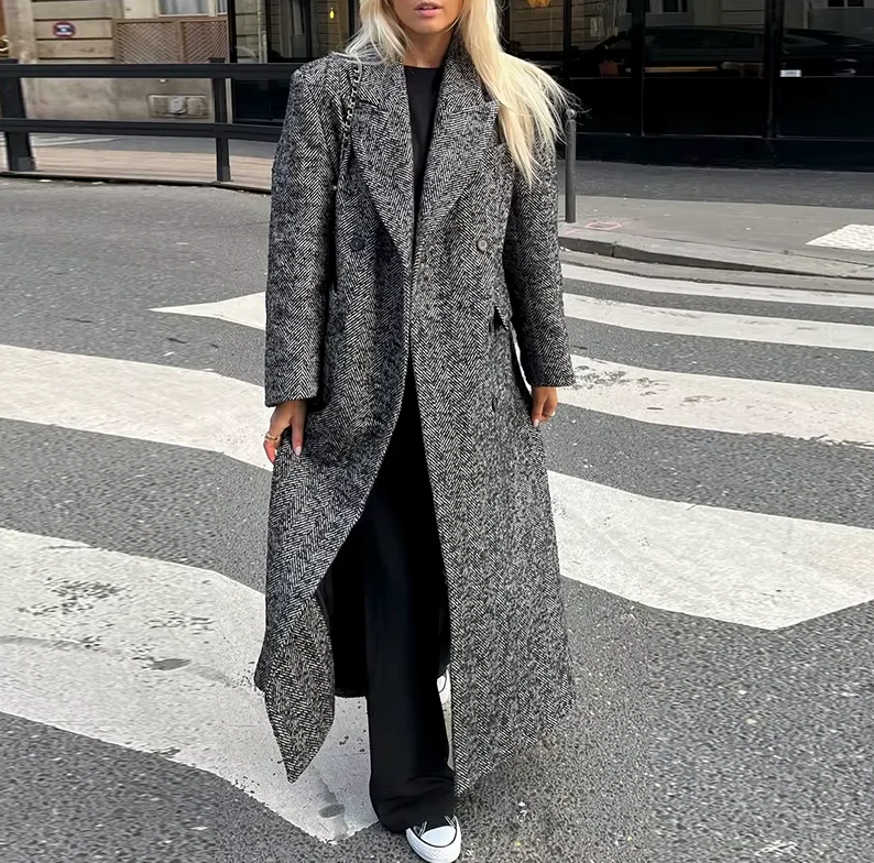 Double-Breasted Wool Coat with Herringbone Pattern – Tailored Fit Winter Coat-Coats & Jackets-Urban Devyne-S-Urban Devyne