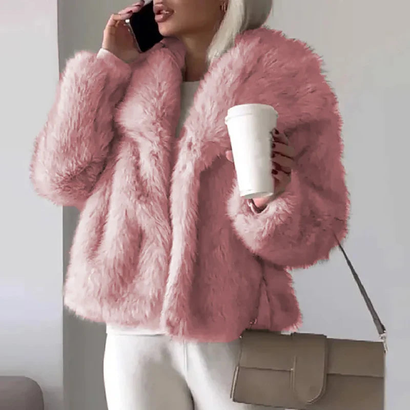 Faux Fur Short Jacket for Women – Stylish Winter Coat for Casual and Semi-Formal Autumn Wear-Jacket-Urban Devyne-Pink-XS-Urban Devyne