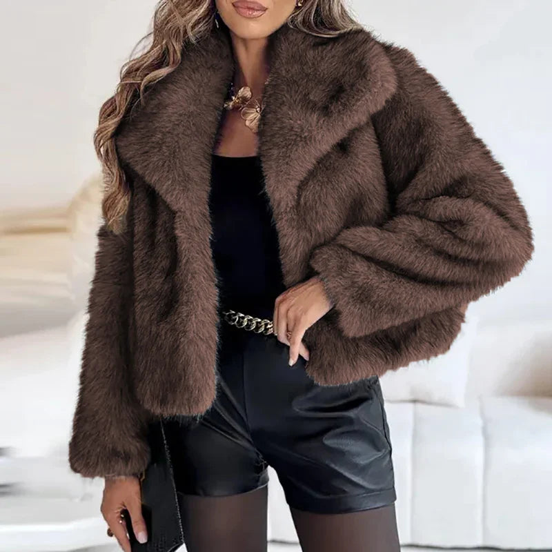 Faux Fur Short Jacket for Women – Stylish Winter Coat for Casual and Semi-Formal Autumn Wear-Jacket-Urban Devyne-Brown-XS-Urban Devyne