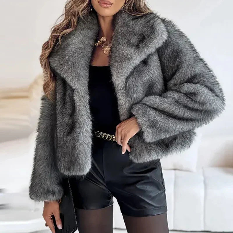 Faux Fur Short Jacket for Women – Stylish Winter Coat for Casual and Semi-Formal Autumn Wear-Jacket-Urban Devyne-Dark Grey-XS-Urban Devyne