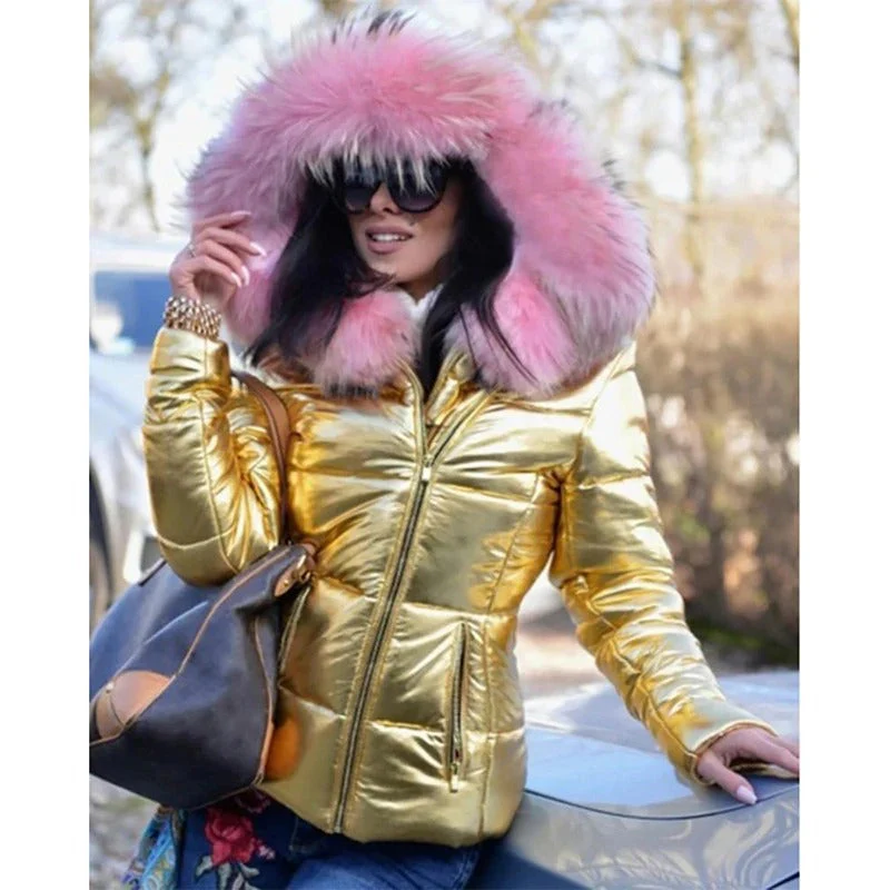 Quilted Puffer Jacket for Women – Insulated Slim Fit Coat with Faux Fur Hood for Winter-Coats & Jackets-Urban Devyne-Gold-S-Urban Devyne