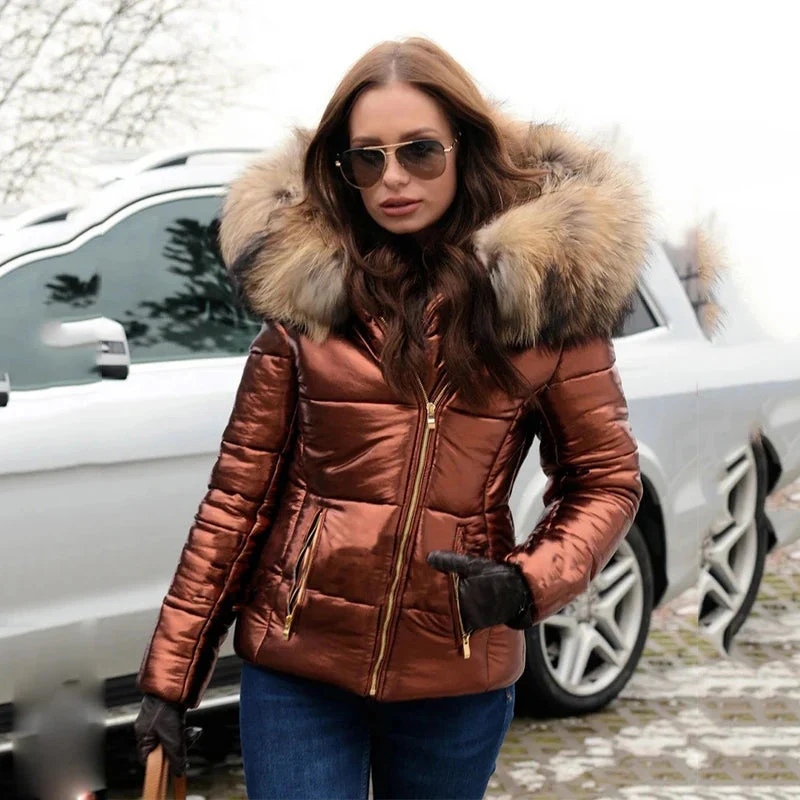 Quilted Puffer Jacket for Women – Insulated Slim Fit Coat with Faux Fur Hood for Winter-Coats & Jackets-Urban Devyne-Brown-S-Urban Devyne